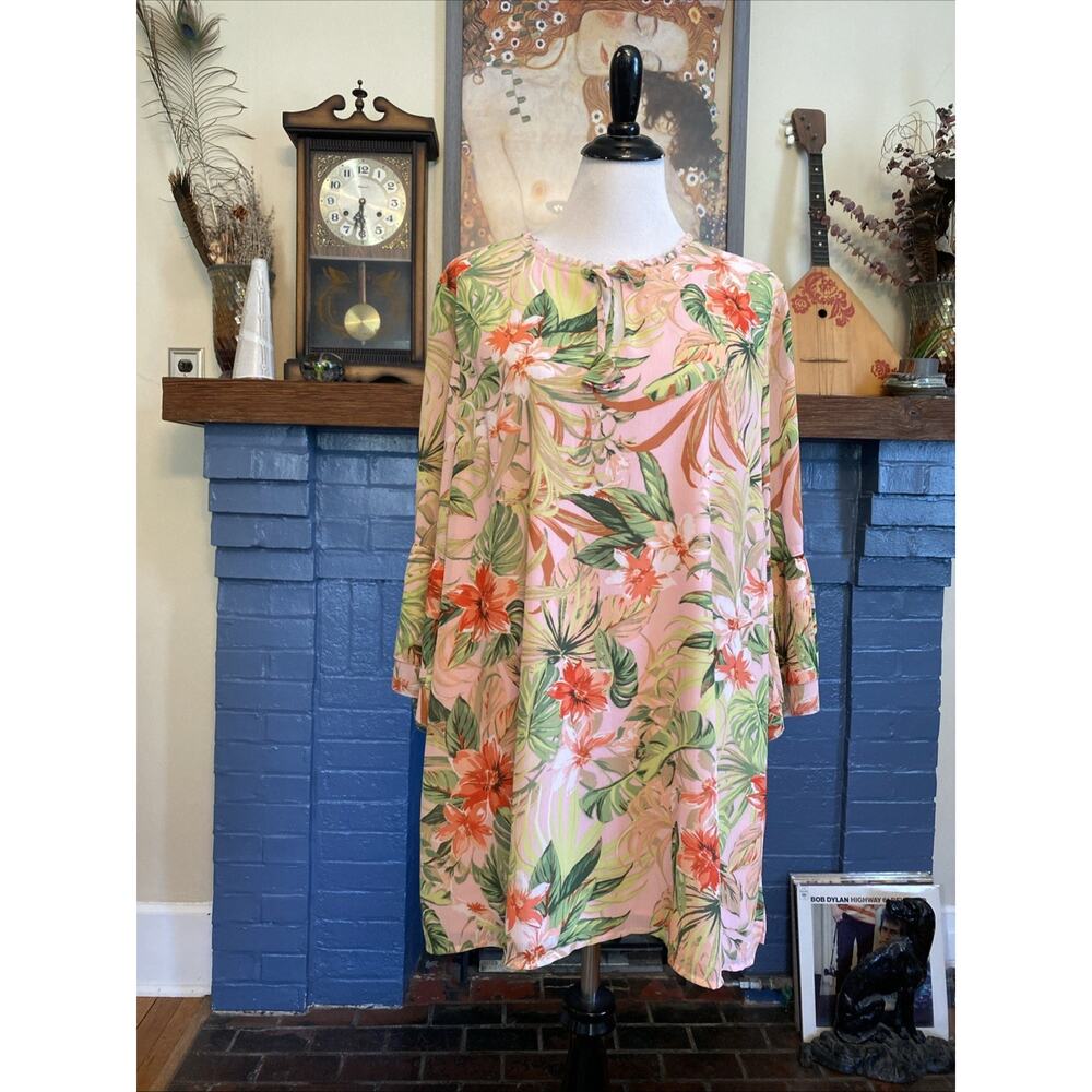 J Jill XL Pink Floral Palm Tropical Shirt Blouse Top Ruffle Bell Sleeve Tunic